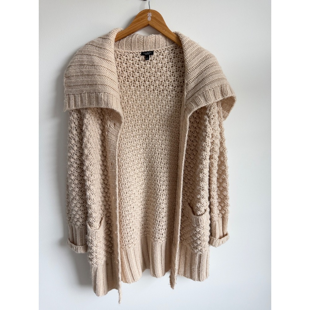 Talbots Women Chunky Knit Shawl Cardigan Small Beige Cottagecore Boho Sweater